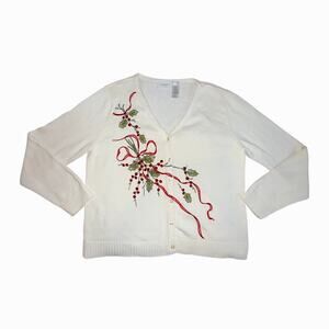 Vtg Liz Claiborne Coquette Christmas Cardigan Floral Red Bow Holiday Sweater Lg